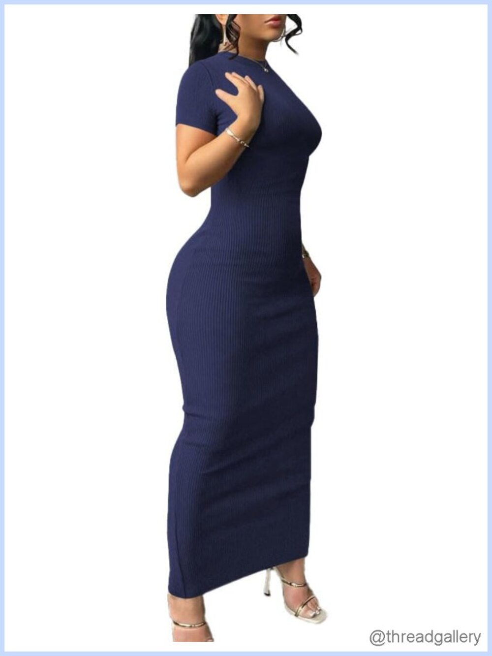 Short Sleeve Bodycon Maxi Dress Ribbed Knit Crew Neck Side Slit Women